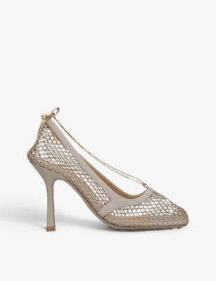 Bottega Veneta Heeled Leather And Mesh Courts In Beige