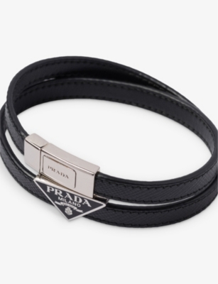 Prada Mens Black Logo Saffiano Leather Bracelet In Black