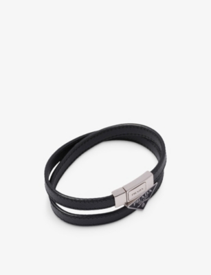 Prada Mens Black Logo Saffiano Leather Bracelet In Black