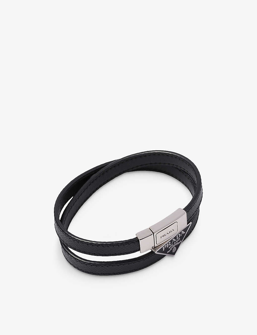 Prada Mens Black Logo Saffiano Leather Bracelet