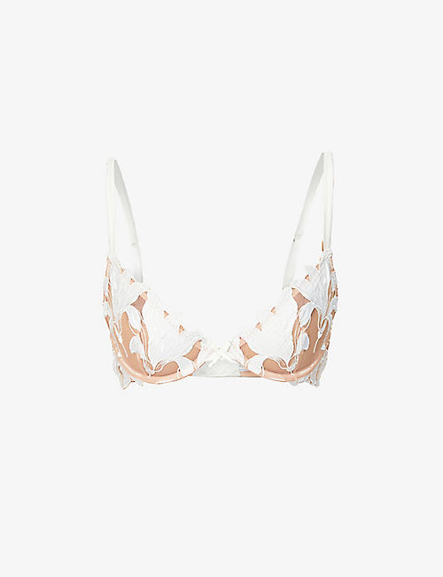 FLEUR DU MAL: Lily embroidered mesh and satin plunge bra