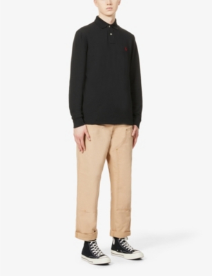 Polo Ralph Lauren Mens Polo Black Long-sleeved Logo-embroidered Custom Slim-fit Cotton-piqué Polo Shirt Xl In Black