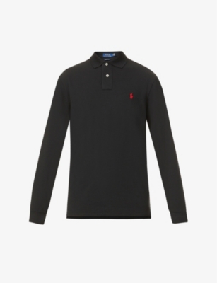 Shop Polo Ralph Lauren Mens Polo Black Long-sleeved Logo-embroidered Custom Slim-fit Cotton-piqué Polo Sh