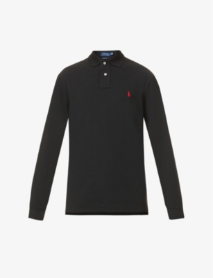 Shop Polo Ralph Lauren Men's Polo Black Long-sleeved Logo-embroidered Custom Slim-fit Cotton-piqué Polo S