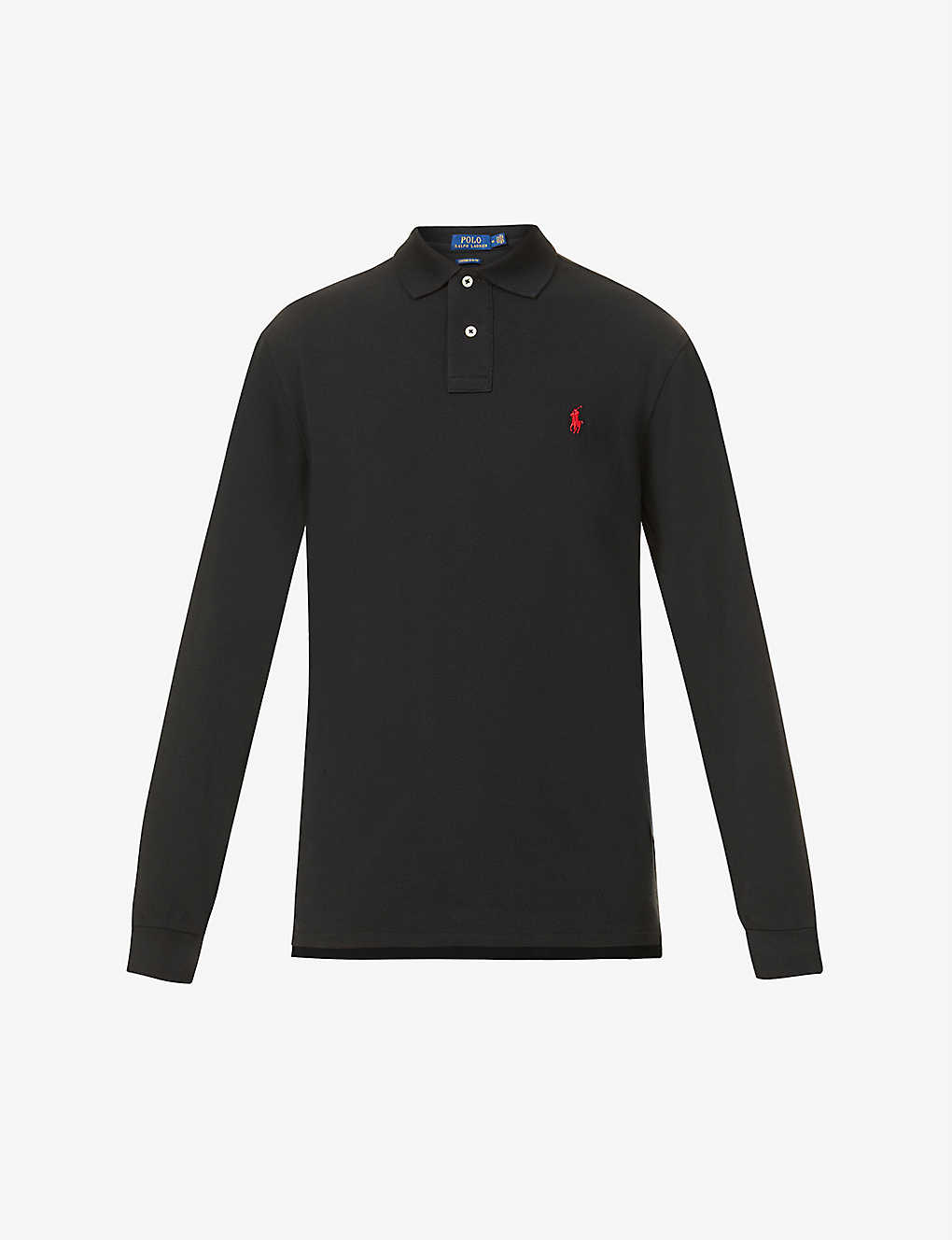 Shop Polo Ralph Lauren Men's Polo Black Long-sleeved Logo-embroidered Custom Slim-fit Cotton-piqué Polo S