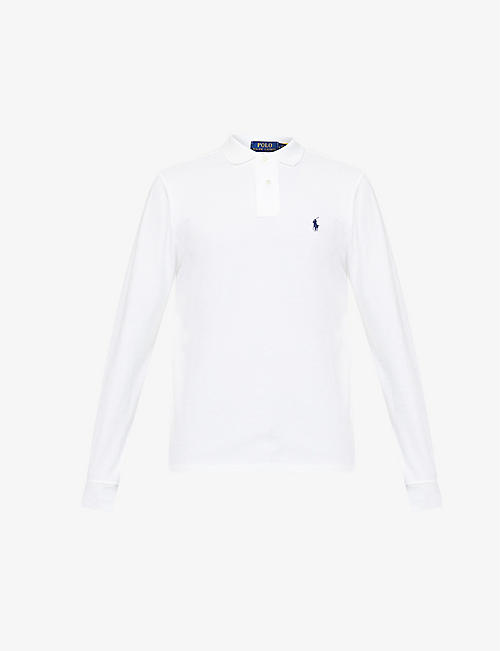 POLO RALPH LAUREN: Long-sleeved logo-embroidered custom slim-fit cotton-piqué polo shirt