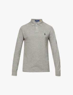 Polo Ralph Lauren Men's Grey Hther Long-sleeved Logo-embroidered Slim-fit Cotton-piqué Polo Shirt