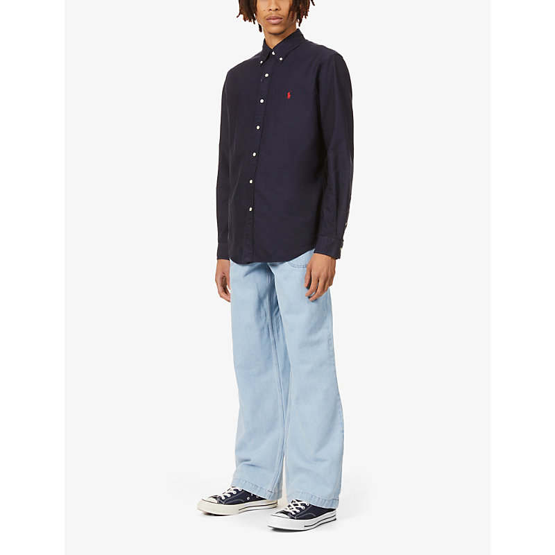 Shop Polo Ralph Lauren Men's Navy Long-sleeved Garment-dyed Custom-fit Cotton Oxford Shirt