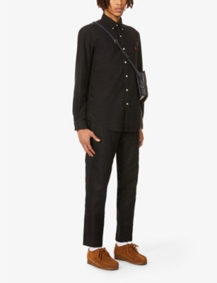 Shop Polo Ralph Lauren Men's Polo Black Long-sleeved Garment-dyed Custom-fit Cotton Oxford Shirt