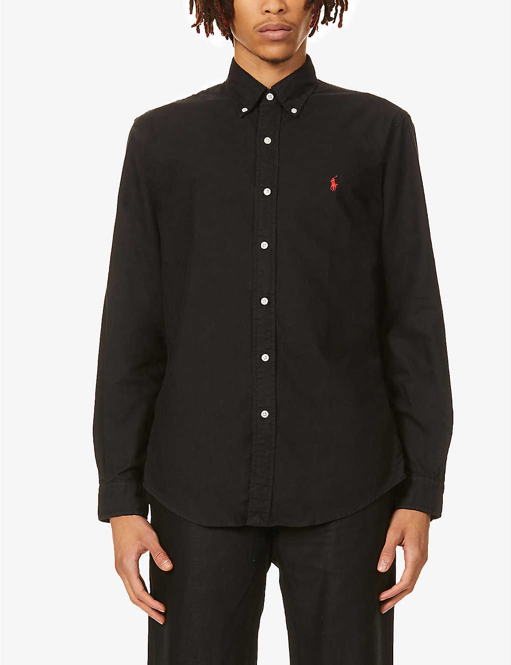 Shop Polo Ralph Lauren Mens Polo Black Long-sleeved Garment-dyed Custom-fit Cotton Oxford Shirt
