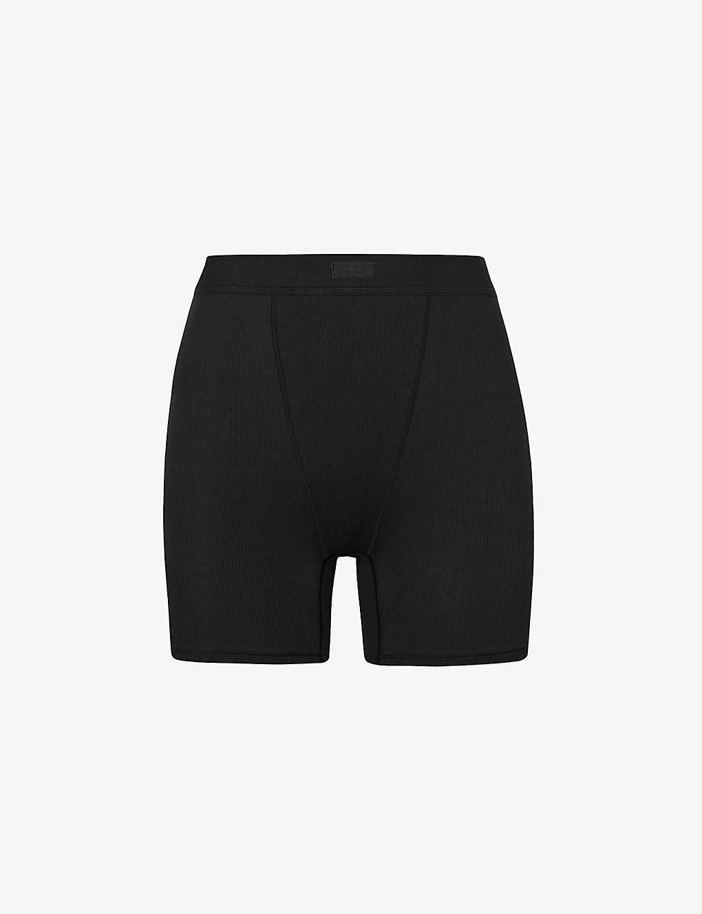 Shop Skims Women's Soot High-rise Ribbed Stretch-cotton Boxers
