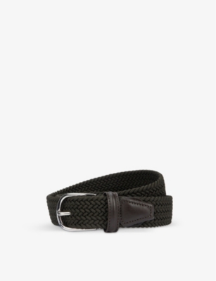 Anderson's Woven Stretch-elastic And Leather Belt In Khaki