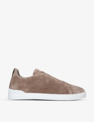 Shop Ermenegildo Zegna Men's Beige Tripe Stitch Suede Trainers