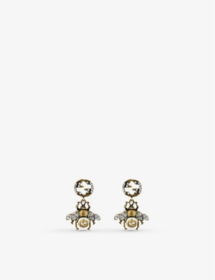 Gucci Bee-motif Aged Gold-toned Crystal And Faux-pearl Earrings