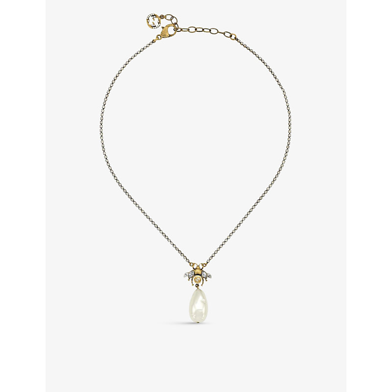 GUCCI GUCCI WOMEN'S BEE-MOTIF AGED GOLD-TONED PEARL AND CRYSTAL-EMBELLISHED NECKLACE,41331877