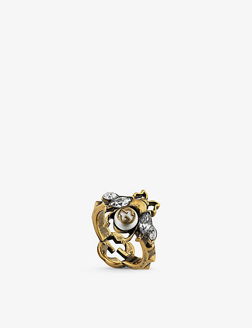 GUCCI: Bee crystal-embellished gold-tone ring