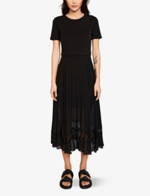 Claudie Pierlot Telie Pleated Cotton Midi Dress In Black