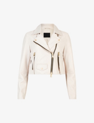 Allsaints Elora Crop Leather Biker Jacket In Ivory White