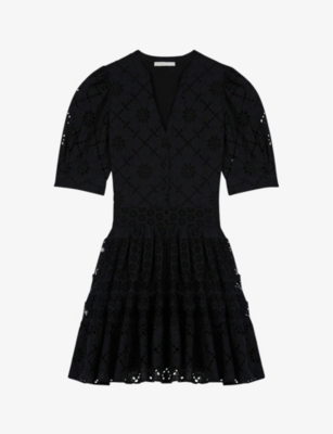 MAJE WOMENS BLACK RAYANETTE GUIPURE-LACE SKATER DRESS 14,R03672472