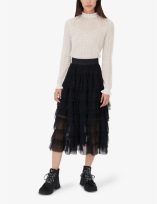 Maje Josepha Ruffle-tiered Tulle Midi Skirt In Black