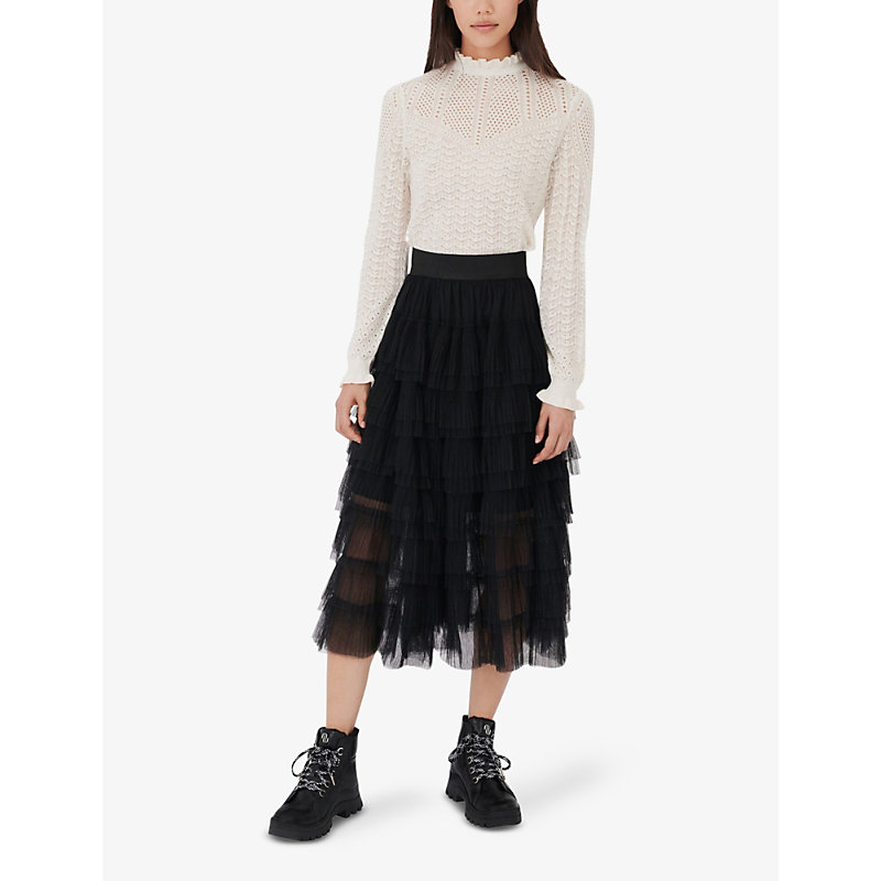 Shop Maje Womens Black Josepha Ruffle-tiered Tulle Midi Skirt