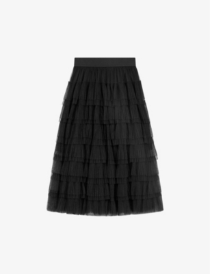 Maje Women's Noir / Gris Josepha Ruffle-tiered Tulle Midi Skirt