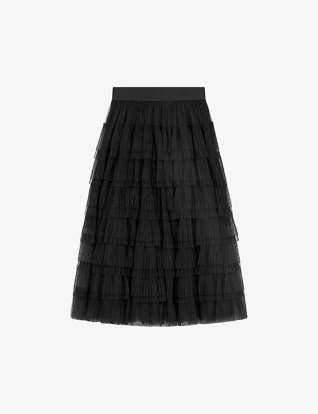 Maje Women's Noir / Gris Josepha Ruffle-tiered Tulle Midi Skirt