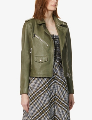 Whistles Agnes Zip-through Leather Biker Jacket In Khaki