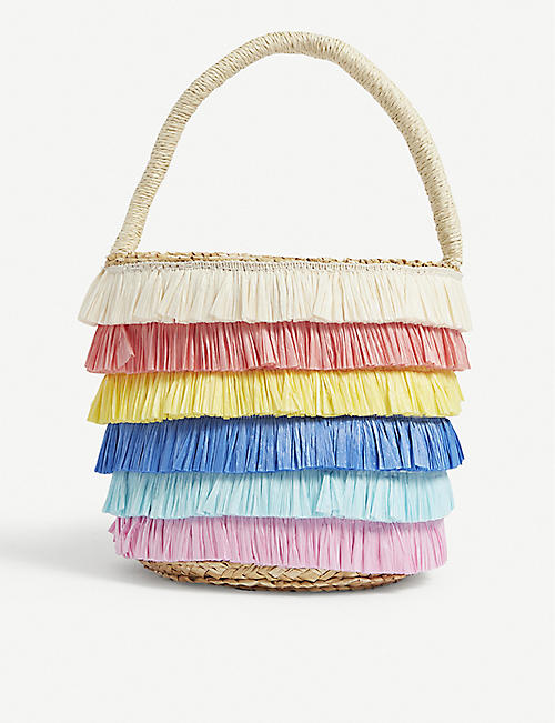 MERI MERI: Rainbow-frilled straw tote bag