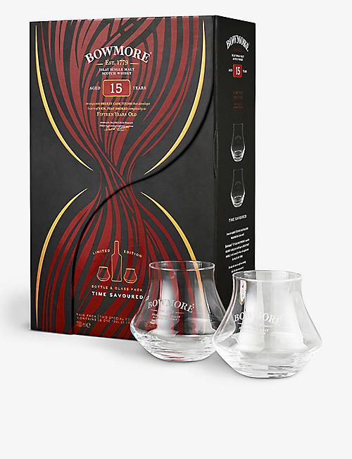 WHISKY AND BOURBON: Bowmore 15-year-old single malt Scotch whisky and glasses gift set 700ml