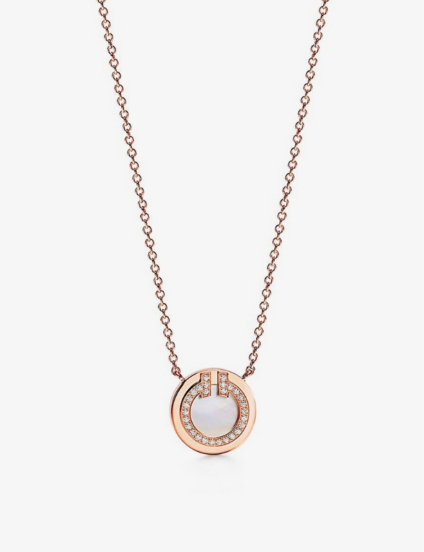 Tiffany T Two Circle 18ct rose-gold, diamond and mother-of-pearl pendant necklace