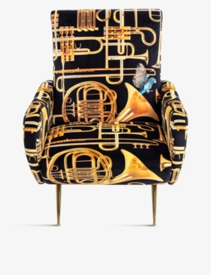 SELETTI: TOILETPAPER trumpet-print upholstered velvet armchair 86cm