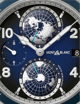 Shop Montblanc Mens Blue Mb125565 1858 Geosphere Stainless Steel And Leather Automatic Chronograph Watch