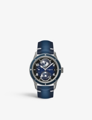 Shop Montblanc Mens Blue Mb125565 1858 Geosphere Stainless Steel And Leather Automatic Chronograph Watch