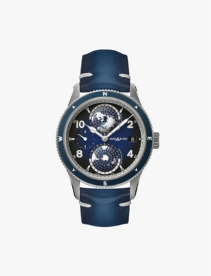 Shop Montblanc Mens Blue Mb125565 1858 Geosphere Stainless Steel And Leather Automatic Chronograph Watch