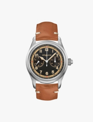 Shop Montblanc Mb125581 1858 Monopusher Chronograph Stainless Steel And Leather Watch In Brown