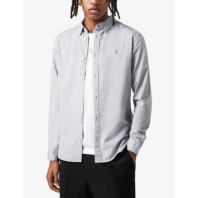 Shop Allsaints Mens Light Grey Hawthorne Slim-fit Stretch-cotton Shirt