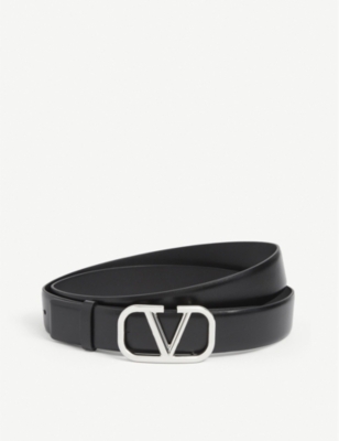 Shop Valentino Garavani Men's Black Silver V-logo Leather Belt