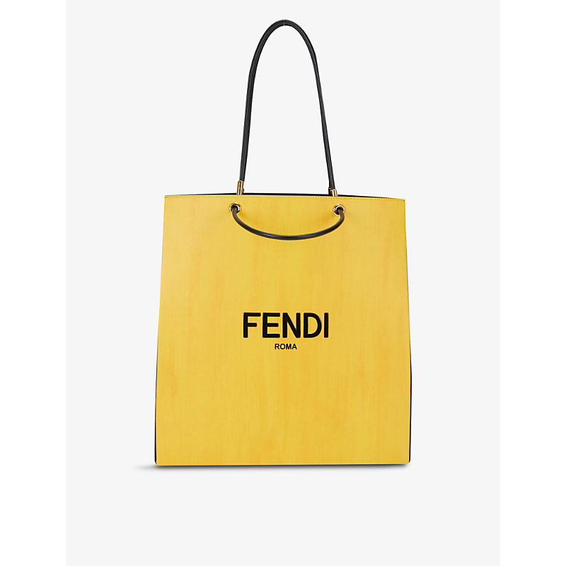 Fendi Brand-print Medium Leather Tote In Yellow