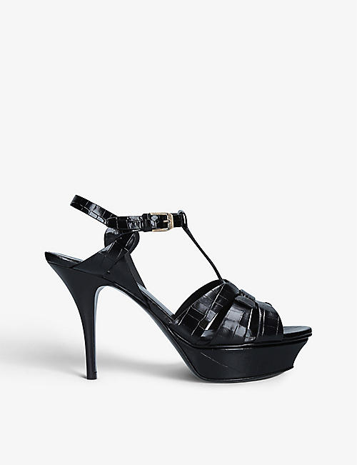 SAINT LAURENT: Tribute croc-embossed leather heeled sandals