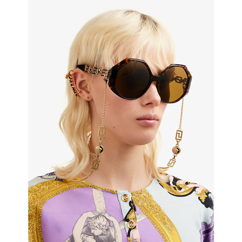 Shop Versace Women's Brown Ve4395 Rounded-frame Acetate And Metal Sunglasses