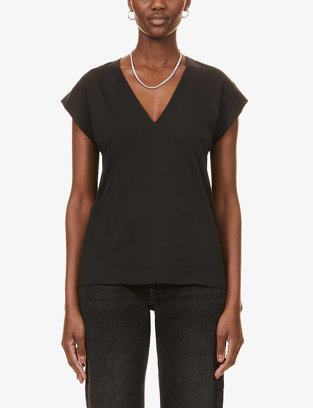 Shop Frame Le Mid Rise V-neck Organic Cotton T-shirt In Noir (black)
