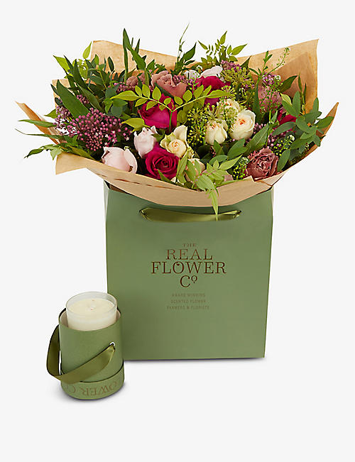 THE REAL FLOWER COMPANY: Birthday medium bouquet and Rosemary and Eucalyptus scented candle