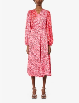 pink satin leopard print wrap dress
