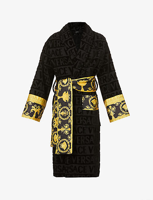 VERSACE: Logo and baroque-print cotton-terry dressing gown