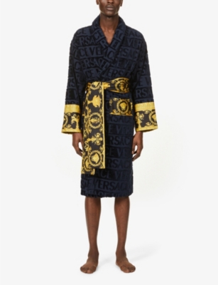Logo and baroque-print cotton-terry dressing gown