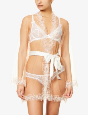 Agent Provocateur Lindie Floral Trim Mesh Dressing Gown In Ivory