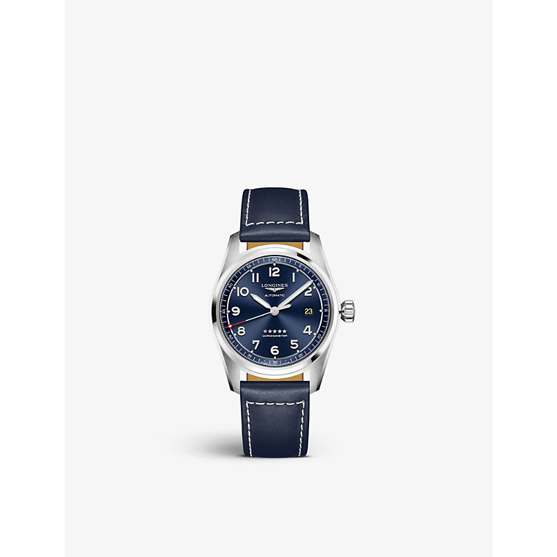 Longines L3.810.4.93.0 Spirit Leather And Stainless Steel Watch In Blue