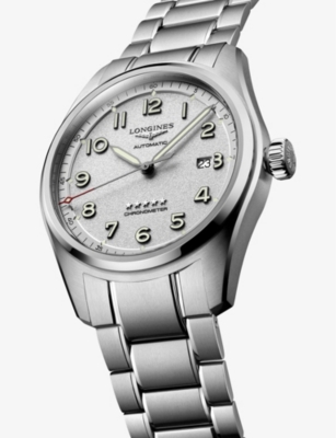 Shop Longines Mens Silver L3.811.4.73.6 Spirit Stainless-steel Automatic Watch