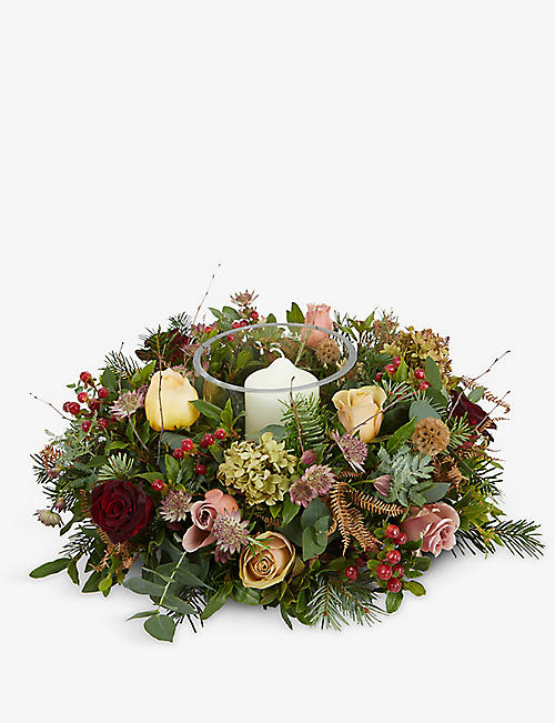 THE REAL FLOWER COMPANY: Copper, Gold and Plum scented table wreath with candle and vase
